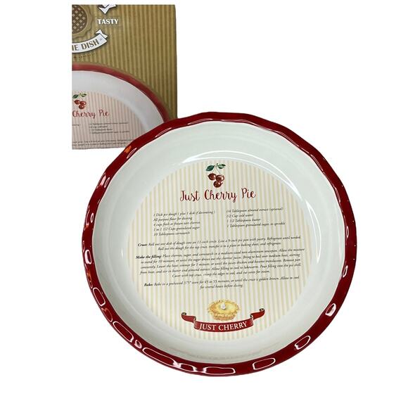 Simply Homemade Cherry Pie Plate 9.8" Oven Baking Dish Red Recipe Box Vtg - Picture 5 of 5